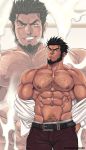  1boy abs bara beard belt blush body_hair bulge chest chest_hair chun_(luxtan) facial_hair hairy highres looking_at_viewer male_focus manly muscle navel nipples original pants pectorals red_pants sexually_suggestive short_hair smirk standing sweat tight undressing 