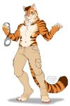  2020 4_toes 5_fingers anthro black_stripes clothed clothing digital_media_(artwork) felid fingers fur hi_res kittydee male mammal orange_body orange_fur pantherine pink_nose smile solo striped_body striped_fur stripes tiger toes topless 