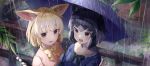  2girls :d absurdres animal_ears animal_ears_(artist) black_hair black_neckwear blonde_hair blue_sweater blush bow bowtie commentary common_raccoon_(kemono_friends) extra_ears fang fennec_(kemono_friends) fox_ears fox_girl fur_collar grey_hair highres huge_filesize kemono_friends multicolored_hair multiple_girls open_mouth phone pink_sweater puffy_short_sleeves puffy_sleeves raccoon_ears raccoon_girl rain shirt short_hair short_sleeves smile sweater umbrella white_fur white_shirt yellow_eyes 