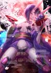  1girl alcohol bangs bare_shoulders blush bob_cut breasts cherry_blossoms collarbone cup eyeliner fate/grand_order fate_(series) food fruit fruit_bowl full_moon grapes headpiece horns ittokyu japanese_clothes kimono long_sleeves looking_at_viewer makeup moon night night_sky off_shoulder oni oni_horns open_mouth peach purple_eyes purple_hair purple_kimono red_moon revealing_clothes sakazuki sake short_hair shuten_douji_(fate/grand_order) skin-covered_horns sky small_breasts smile teeth thighs tongue tongue_out wide_sleeves 