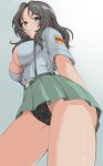  1girl aoshidan_school_uniform ass black_hair black_panties blue_background blush breasts cleavage closed_mouth el_(girls_und_panzer) eyebrows_visible_through_hair from_below girls_und_panzer green_eyes green_skirt highres komekueyo large_breasts looking_at_viewer looking_down no_bra open_clothes open_shirt panties pleated_skirt school_uniform shiny shiny_hair simple_background skirt smile solo underwear upskirt 