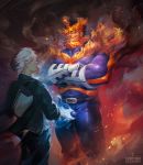  2boys bara beard blue_eyes bodysuit boku_no_hero_academia bulge chest covered_abs covered_nipples crossed_arms facial_hair father_and_son feet_out_of_frame fire grabbing highres ice luer_qing male_focus manly multicolored_hair multiple_boys muscle mustache penis_grab red_hair short_hair spiked_hair todoroki_enji todoroki_shouto two-tone_hair white_hair 