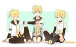  3boys animal_ears arm_support arm_warmers bare_shoulders bass_clef belt black_collar black_shorts black_sleeves blonde_hair cat_ears collar commentary d_futagosaikyou detached_sleeves fortissimo frown green_eyes grey_sleeves hands_on_lap headphones highres kagamine_len kagamine_len_(append) kagamine_len_(vocaloid4) knee_up leg_warmers light_smile looking_away male_focus multiple_boys multiple_persona necktie open_mouth outstretched_arm pointing_at_another sailor_collar school_uniform seiza shirt short_ponytail short_sleeves shorts sitting sleeveless sleeveless_shirt smile spiked_hair vocaloid vocaloid_append white_footwear white_shirt yellow_neckwear 