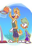  anatid anseriform anthro avian ball basketball bird bottomwear canid canine canis clothing dingo duck duo female hi_res juneduck21 male mammal shorts sportswear 