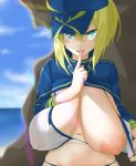  1girl areolae artoria_pendragon_(all) bangs bikini bikini_top blonde_hair blue_eyes bra bra_pull breasts cleavage cloud covered_nipples fate/grand_order fate_(series) finger_to_mouth gask_(architect_2d) hair_between_eyes hat highres large_breasts looking_at_viewer mysterious_heroine_xx_(foreigner) navel ocean open_mouth shushing sky solo stomach sunlight swimsuit underwear wet wet_clothes wet_hair 