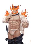  1boy abs alternate_costume bara beard belt black_tank_top blue_eyes body_hair boku_no_hero_academia boxers briefs bulge casual chest denim facial_hair fire jeans male_focus male_underwear manly muscle navel necktie nipples open_clothes pants pectorals red_hair see-through seth shirt short_hair simple_background solo spiked_hair stubble tank_top thick_thighs thighs todoroki_enji underwear undressing white_background white_shirt 