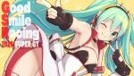 1girl :p aqua_eyes aqua_hair armpits b.c bare_shoulders black_gloves blue_nails commentary copyright_name dress dutch_angle finger_gun fingerless_gloves gloves goodsmile_racing hatsune_miku headphones headset index_finger_raised long_hair looking_at_viewer one_eye_closed racing_miku_(2020) skindentation smile solo sparkle tongue tongue_out twintails v very_long_hair vocaloid white_dress yellow_background 