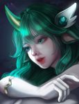  1girl absurdres animal_ears close-up green_eyes green_hair highres horns league_of_legends lfairy long_hair looking_down parted_lips single_horn solo soraka star_guardian_(league_of_legends) star_guardian_soraka 