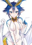  1girl absurdres blue_eyes blue_hair breasts breasts_apart closed_mouth commentary_request detached_collar dragon_girl dragon_horns dragon_tail dragon_wings hair_between_eyes highres horns looking_at_viewer medium_breasts mihua_(gina10925) monster_girl monster_musume_no_oisha-san navel pale_skin pointy_ears scales short_hair signature simple_background skadi_dragenfelt slit_pupils smile solo tail white_background wings 