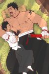  2boys abs bandages bara bulge chest chun_(luxtan) facial_hair facial_scar goatee highres japanese_clothes katana male_focus manly multiple_boys muscle nipples original pectorals saliva saliva_trail scar shirtless short_hair size_difference sleeping sword tattoo tongue tongue_out weapon 
