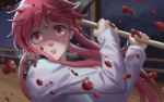  1girl axe blood blood_splatter blush bow fighting_stance gasai_yuno hair_bow holding holding_weapon long_hair looking_at_viewer mirai_nikki pink_eyes pink_hair school_uniform seth solo sweat twintails weapon yandere 