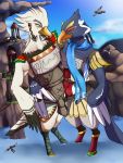  2020 3:4 anthro avian bird blue_body blue_fur breath_of_the_wild champion clothing duo fur hi_res hug macro male nabesiki nintendo open_mouth revali teba_(tloz) the_legend_of_zelda video_games water white_body white_fur 