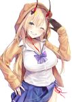  1girl azur_lane bangs bear_hood black_gloves blonde_hair blue_skirt blush breasts cleavage collarbone eyebrows_visible_through_hair gloves hair_between_eyes hair_ornament hand_on_hip hand_up head_tilt highres horns kumano_(azur_lane) large_breasts long_hair long_sleeves looking_at_viewer mappaninatta one_eye_closed oni_horns panties parted_lips pleated_skirt purple_eyes red_panties school_uniform sharp_teeth shirt side-tie_panties sidelocks simple_background single_glove skirt smile solo standing teeth underwear white_background white_shirt 