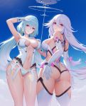  2girls absurdres arm_up armpits ass bangs bare_shoulders blue_hair blue_sky breasts cleavage cloud cloudy_sky collarbone day elbow_gloves gloves gu_tao hand_on_own_chest highres large_breasts leotard lips long_hair looking_at_viewer looking_back low_twintails multiple_girls navel official_art outdoors parted_lips purple_eyes reina_(xipuria) shiny shiny_hair shiny_skin sideboob silver_hair sky sky_diver_xipuria smile sparkle stomach thighhighs thighs tied_hair twintails werfen_(xipuria) white_gloves 