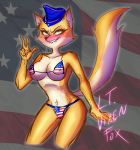  anthro bikini bite biting_lip biting_own_lip blush breasts canid canine clothed clothing darya_nelep female flag_bikini fox green_eyes hand_gesture hat headgear headwear looking_at_viewer lt._fox_vixen mammal raised_tail self_bite solo squirrel_and_hedgehog standing swimwear united_states_of_america 