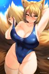  1girl animal_ears arm_up armpits bangs bare_shoulders blonde_hair blue_swimsuit blush breasts cameltoe cleavage collarbone commentary_request competition_swimsuit covered_navel cowboy_shot curvy eyebrows_visible_through_hair fox_ears fox_tail groin hair_between_eyes highleg highleg_swimsuit huge_breasts looking_at_viewer marota multiple_tails no_hat no_headwear one-piece_swimsuit short_hair skindentation smile solo sweat swimsuit tail thick_thighs thighhighs thighs touhou white_legwear yakumo_ran yellow_eyes 