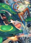  attack battle claws cloud commentary_request deoxys deoxys_(defense) energy fang gen_3_pokemon highres legendary_pokemon mythical_pokemon no_humans open_mouth pokemon pokemon_(creature) rayquaza shiny skin_fang space supearibu yellow_eyes 