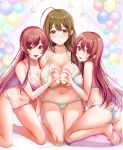  3girls absurdres ahoge ass asymmetrical_docking barefoot blue_bra blue_panties bra braid breast_press breasts brown_eyes brown_hair cleavage feet green_bra green_panties heart heart_hands heart_hands_duo highres idolmaster idolmaster_shiny_colors kneeling kuwayama_chiyuki large_breasts long_hair looking_at_viewer maumen multiple_girls navel oosaki_amana oosaki_tenka open_mouth panties pink_bra pink_panties siblings sisters smile soles thigh_gap thighs toes twins underwear underwear_only 