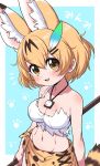  1girl :3 animal_ear_fluff animal_ears bangs bikini blonde_hair blue_background blush breasts brown_eyes cleavage commentary eyebrows_visible_through_hair fang feathers hair_feathers hair_ornament hairclip head_tilt highres holding holding_spear holding_weapon jewelry kemono_friends_3 looking_at_viewer medium_breasts midriff navel necklace notice_lines open_mouth outside_border paw_print polearm ransusan sarong serval_(kemono_friends) serval_ears serval_print serval_tail shirt short_hair shorts single_strap smile solo spear standing striped_tail swimsuit tail torn_clothes torn_shorts translated weapon white_bikini white_shirt yellow_sarong 