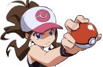  1girl antenna_hair baseball_cap black_vest blue_eyes blurry brown_hair closed_mouth commentary fingernails frown hat high_ponytail hilda_(pokemon) holding holding_poke_ball long_hair perspective poke_ball poke_ball_(basic) poke_ball_symbol pokemon pokemon_(game) pokemon_bw shirt sidelocks sleeveless sleeveless_shirt solo two-tone_headwear upper_body vest white_shirt wristband yoko.u 