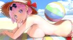  1girl armpits ass back ball bangs bare_shoulders beach beach_towel beachball bikini black_bow blue_sky blush bow breast_press breasts cloud cloudy_sky commentary_request day hair_bow hat hibari_(senran_kagura) imu_(senran_kagura) large_breasts looking_at_viewer lying ocean official_art on_stomach outdoors pink_hair polka_dot red_ribbon ribbon senran_kagura short_twintails sky solo striped striped_bikini sun_hat swimsuit symbol-shaped_pupils towel twintails untied untied_bikini water yaegashi_nan 