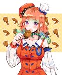  1girl 2020 :o bangs blush bow bow_choker bra_strap breasts chef_hat chicken_leg cleavage coll_(erichankun) detached_sleeves earrings eyebrows_visible_through_hair feather_earrings feathers food food_on_face food_print fried_chicken gradient_hair hat hat_bow highres holding holding_food hololive hololive_english jewelry light_green_hair long_hair looking_at_viewer medium_breasts multicolored_hair orange_hair orange_headwear orange_shirt purple_eyes shirt sidelocks sleeveless sleeveless_shirt solo takanashi_kiara virtual_youtuber 