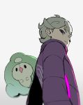  1boy ahoge bede_(pokemon) blonde_hair blue_eyes blurry closed_mouth coat curly_hair duosion gen_5_pokemon highres long_sleeves looking_at_viewer looking_back looking_down pokemon pokemon_(creature) pokemon_(game) pokemon_swsh purple_coat short_hair smile white_background yoko.u 