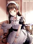  1girl absurdres apron black_hair brown_eyes dress highres huge_filesize indoors long_hair maid maid_apron maid_dress maid_headdress original pinafore_dress sitting solo venera 