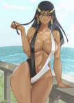  1girl bangs bare_arms bare_shoulders black_hair breasts circlet cleavage collarbone commentary_request dark_skin day fingernails hair_ornament hair_tubes highleg highleg_swimsuit highres holding ishizu_ishtar jewelry large_breasts lips long_hair looking_at_viewer navel ocean one-piece_swimsuit outdoors parted_bangs purple_eyes shiny shiny_skin simple_background smile solo stomach sunlight swimsuit thighs two-tone_swimsuit water yone-chan_(kuwm5222) yuu-gi-ou 