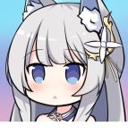  1girl :o animal_ear_fluff animal_ears azur_lane bangs bare_shoulders blue_background blue_collar blue_eyes blush collar commentary_request detached_collar eyebrows_visible_through_hair flower fox_ears gradient gradient_background grey_hair hair_flower hair_ornament long_hair looking_away nagato-chan parted_lips pink_background portrait shinano_(azur_lane) solo white_flower 