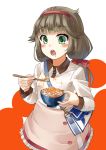  1girl alternate_costume bag bangs blush bowl brown_hair chopsticks dress drooling eating eyebrows_visible_through_hair food frilled_dress frills green_eyes hair_ribbon hairband holding holding_chopsticks holding_food ikura_(food) kantai_collection long_hair long_sleeves low_twintails mayura2002 mikura_(kantai_collection) ribbon rice rice_bowl roe saliva shoulder_bag simple_background solo twintails two-tone_background 