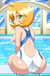 1girl ass breasts closed_mouth green_eyes gym_leader highres looking_at_viewer misty_(pokemon) orange_hair pokemon pokemon_(game) pokemon_hgss pool short_hair smile solo swimsuit yensh 