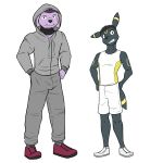  1:1 anthro anthrofied beard bottomwear clothed clothing duo eeveelution facial_hair footwear full-length_portrait fully_clothed fuze granbull hi_res hoodie male nintendo pok&eacute;mon pok&eacute;mon_(species) portrait shirt shoes shorts simple_background tank_top topwear tracksuit umbreon video_games white_background 