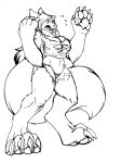  2020 absurd_res anthro bodily_fluids breasts canid claws female flying_sweatdrops hi_res mammal monochrome navel open_mouth pawpads simple_background solo standing surprise sweat sweatdrop transformation whenwolvescryout white_background 
