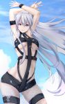  1girl arm_strap armpits arms_up ass_visible_through_thighs azur_lane bangs bare_shoulders black_shorts blue_sky bondage_outfit breasts cloud commentary_request covered_navel cowboy_shot day enterprise_(azur_lane) eyebrows_visible_through_hair floating_hair hair_between_eyes highres hot_limit large_breasts long_hair looking_at_viewer moroheiya_(moroheiya-works) purple_eyes revealing_clothes short_shorts shorts sidelocks silver_hair skindentation sky smile solo standing thigh_strap underboob very_long_hair wristband 