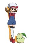  1girl :3 arms_behind_back brown_eyes brown_hair chikorita closed_mouth full_body gen_2_pokemon hat looking_down lyra_(pokemon) overalls pokemon pokemon_(creature) pokemon_(game) pokemon_hgss red_footwear shoes sketch thighhighs twintails white_background white_headwear white_legwear yoko.u 