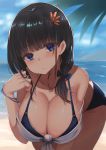  1girl absurdres bangs bare_shoulders beach bikini black_bikini black_hair blue_bow blue_eyes blue_sky blunt_bangs bow breasts cleavage day expressionless hair_bow hair_ornament hair_over_shoulder hairpin highres huge_filesize koburakko large_breasts leaning_forward long_hair looking_at_viewer ocean original outdoors shell_necklace sky solo summer swimsuit 