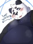  2020 anthro belly black_body black_fur black_nose blush clothed clothing fur giant_panda hi_res kemono mammal menmen_kesinn one_eye_closed overweight overweight_anthro solo text tongue tongue_out ursid white_body white_fur wink 