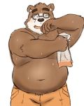  2020 4:5 anthro belly bodily_fluids bottomwear brown_body brown_fur clothing eyewear fur glasses hi_res kemono male mammal overweight overweight_anthro overweight_male pants simple_background solo sweat tokyo_afterschool_summoners towel ursid video_games volos white_background yaki_atsuage 