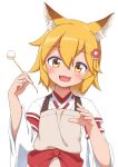  1girl :d animal_ear_fluff animal_ears blonde_hair blush bubukka eyebrows_visible_through_hair fox_ears fox_girl hair_ornament hand_up long_sleeves looking_at_viewer open_mouth senko_(sewayaki_kitsune_no_senko-san) sewayaki_kitsune_no_senko-san short_hair simple_background smile solo upper_body white_background wide_sleeves yellow_eyes 