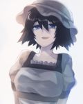  1girl :d beekan black_hair blue_eyes blue_headwear breasts close-up collarbone commentary_request face frills hair_between_eyes hat highres looking_at_viewer medium_breasts open_mouth portrait puffy_sleeves shiina_mayuri short_hair short_sleeves smile solo steins;gate white_background 