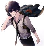  1boy belt black_hair black_neckwear brown_hair cigarette clenched_hand collar_x_malice gun holster jacket jacket_removed looking_at_viewer male_focus mouth_hold necktie ouka_mai pants shirt shoulder_holster smoking weapon white_background white_shirt yanagi_aiji 