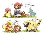 1girl bangs basket bird blush boots brown_footwear brown_hair closed_eyes closed_mouth commentary_request duck ducklett exeggcute gen_1_pokemon gen_2_pokemon gen_5_pokemon gen_7_pokemon grass growlithe holding mareep matsuri_(matsuike) musical_note overalls pidgeotto pink_bandana pokemon pokemon_(creature) rockruff shears shirt short_sleeves sitting smile translation_request white_shirt 
