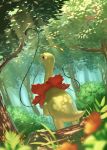  antennae blurry_foreground bush closed_mouth commentary_request day forest from_below gen_2_pokemon grass highres light_rays looking_up meganium nature outdoors plant pokemon pokemon_(creature) smile standing sunbeam sunlight supearibu tree vines 