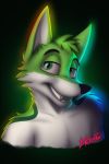  2:3 absurd_res anthro black_eyebrows black_nose blakefox bust_portrait canid canine eyebrows fidget_the_fox fox fur glowing green_body green_eyes green_fox green_fur hair hi_res lgbt_pride looking_at_viewer male mammal name_badge portrait pride_colors rainbow shaded signature simple_background smile solo teeth white_body white_fur 