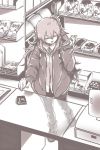  1girl closed_eyes condom_box fingerless_gloves girls_frontline gloves greyscale hair_between_eyes holding indoors jacket long_hair long_sleeves mogijabgo monochrome open_mouth pantyhose shirt solo standing ump45_(girls_frontline) 