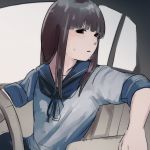  1girl bangs black_eyes black_hair blue_neckwear blue_sailor_collar blunt_bangs car_interior commentary_request driving hatsuyuki_(kantai_collection) highres kantai_collection long_hair open_mouth sailor_collar sakieko school_uniform serafuku short_sleeves sidelocks solo steering_wheel sweat upper_body vehicle_interior 