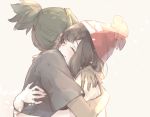  1boy 1girl beanie black_hair blush closed_eyes closed_mouth couple green_hair hat hau_(pokemon) hetero hug pokemon pokemon_(game) pokemon_sm red_headwear selene_(pokemon) shirt short_hair sketch smile yuuna_minato 