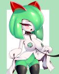  1girl absurdres ass_visible_through_thighs bangs black_legwear blush border breasts collar commentary cowboy_shot drooling english_commentary fir3born gen_3_pokemon green_border green_hair green_skin hair_over_one_eye half-closed_eyes hands_up highres huge_breasts kirlia leash lifted_by_self looking_at_viewer medium_hair navel open_mouth outside_border pasties pet_play pokemon pokemon_(creature) pussy pussy_juice red_eyes saliva shiny shiny_clothes shiny_hair shiny_skin simple_background skindentation solo standing stomach tape tape_on_nipples teeth thighhighs tongue tongue_out two-tone_skin uncensored white_background white_skin wide_hips 