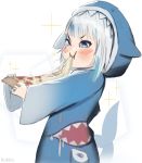  1girl animal_hood blue_eyes blue_hoodie blush cheese_trail drawstring eating food gawr_gura heart heart-shaped_pupils holding holding_food holding_pizza hololive hololive_english hood hood_up multicolored_hair pizza pizza_slice shark shark_costume shark_girl shark_hood shark_print shark_tail sharp_teeth simple_background sleeves_past_wrists sobbi11 solo sparkle_background streaked_hair symbol-shaped_pupils teeth v-shaped_eyebrows virtual_youtuber white_hair 